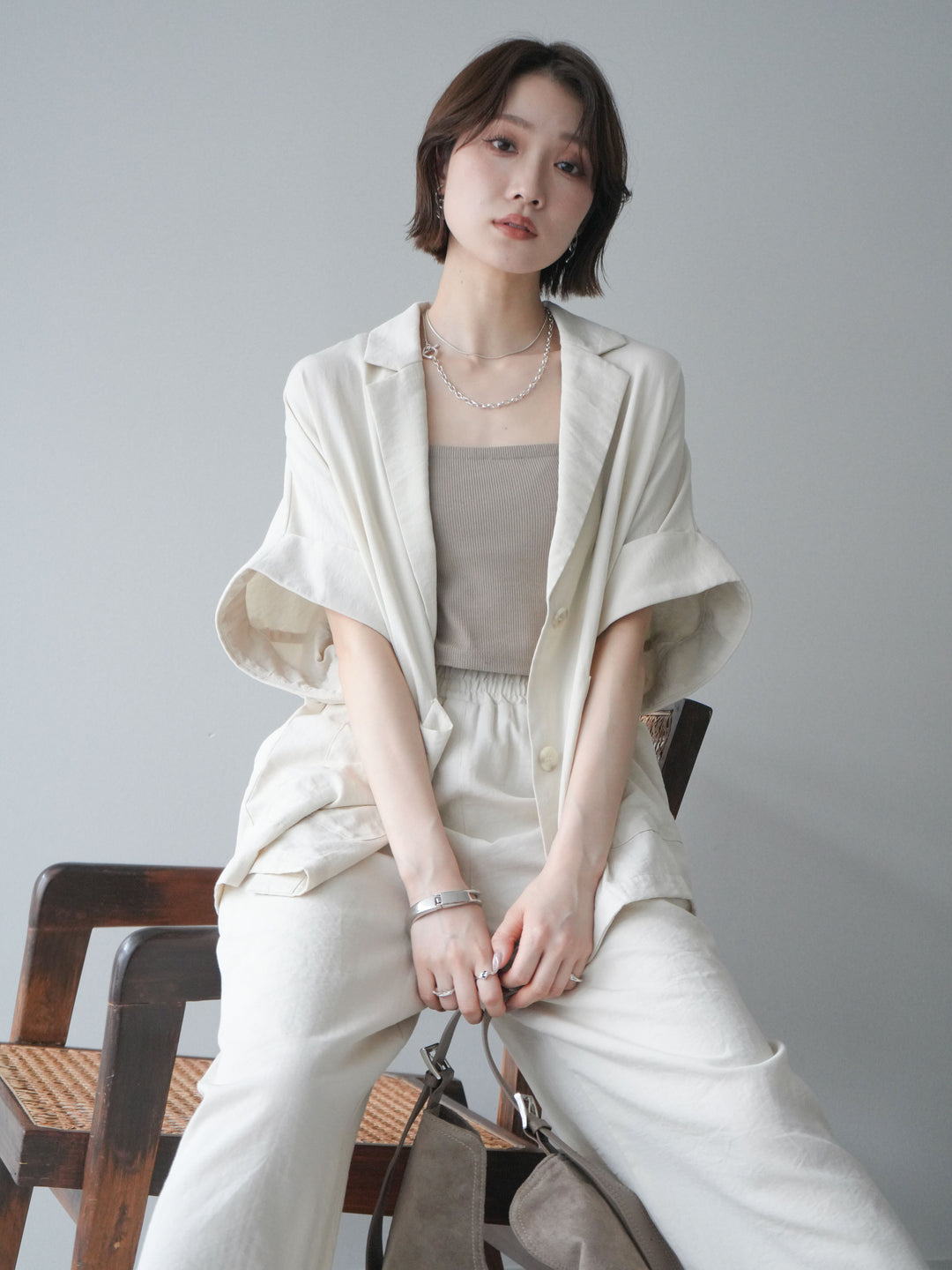 [SET]ハーフスリーブオーバージャケット+リラックスワイドパンツ(2set)