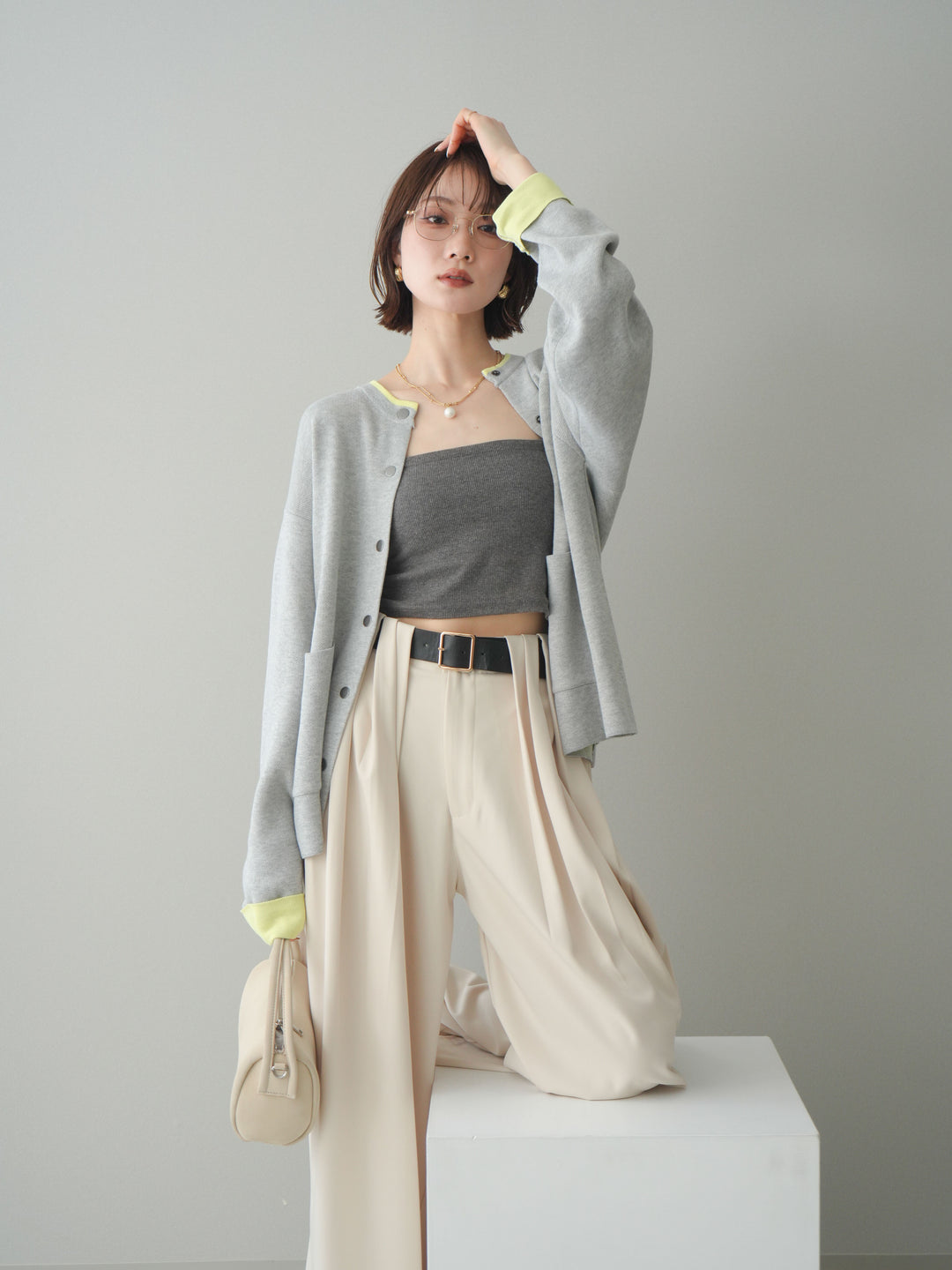 [SET]バイカラーオーバーニットカーディガン+タックベルトループワイドパンツ(2set)