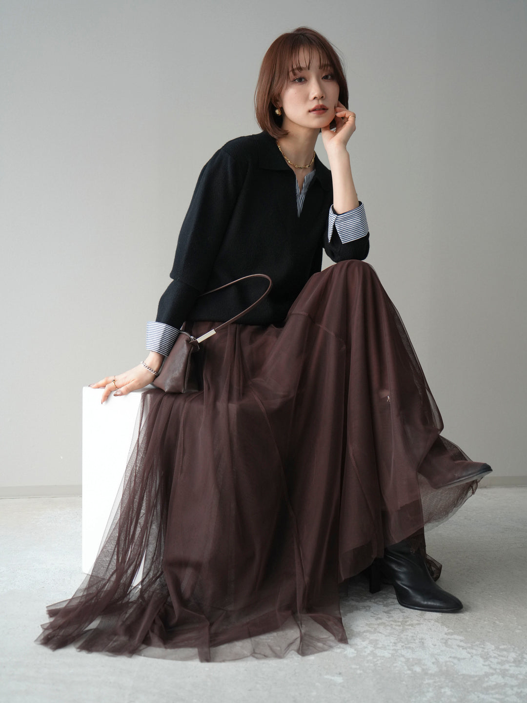 [予約]シャツレイヤードスキッパーニットプルオーバー/black