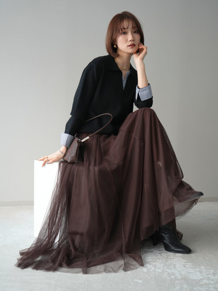 [予約]シャツレイヤードスキッパーニットプルオーバー/black