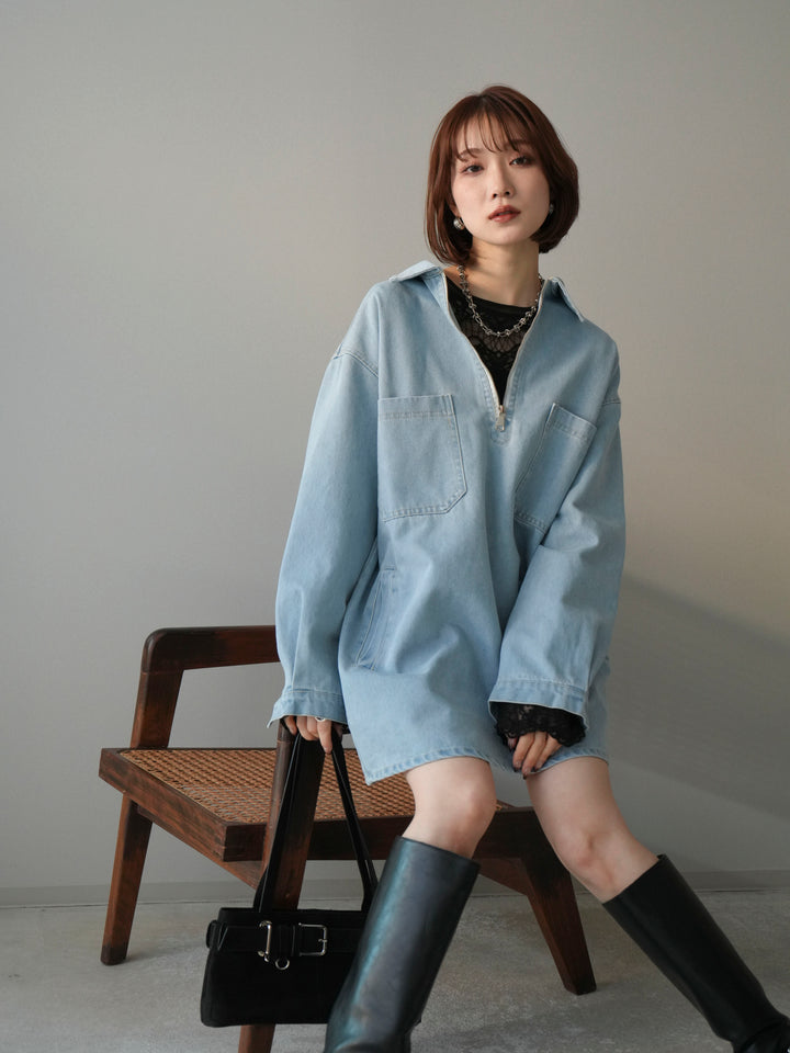 [SET]ハーフジップデニムミニワンピース+チュールレーストップス(2set)