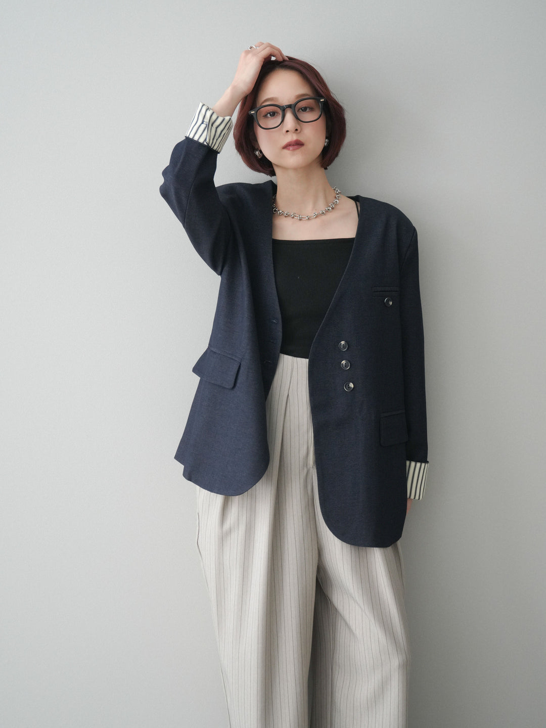 [SET]ノーカラージャケット+グログランテープストライプサロペット(2set)