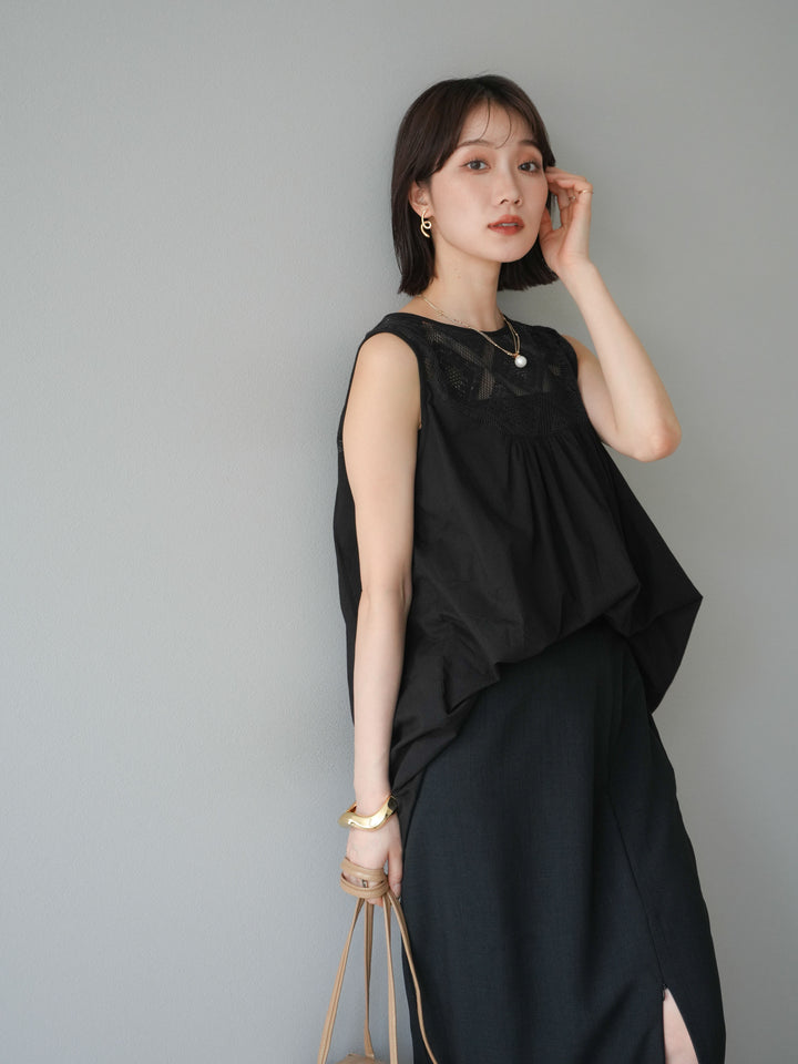 [予約]インド製コットンレース切替ノースリブラウス/ブラック