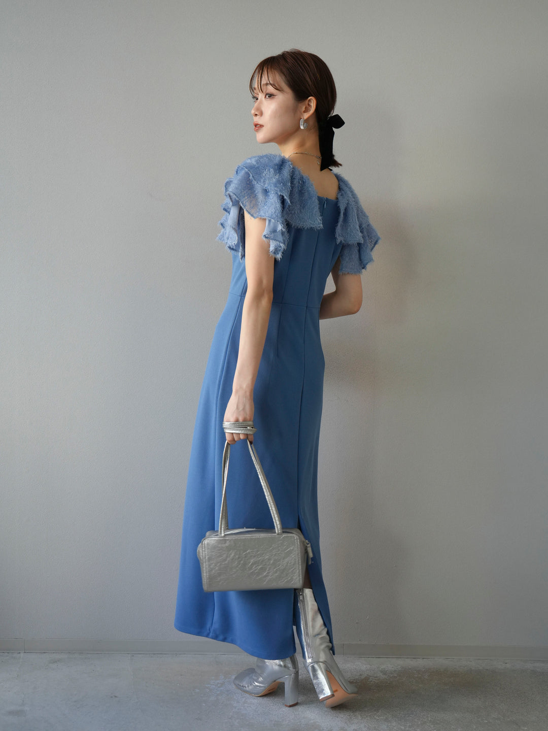 [予約]ジャガードフレアスリーブドレス/ブルー
