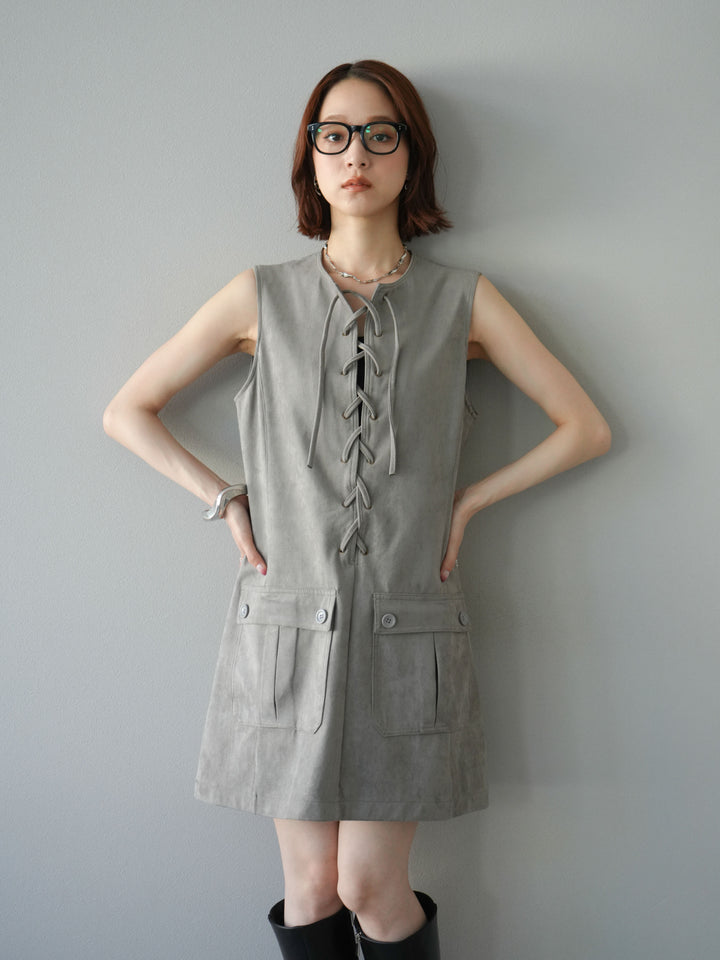 [予約]レースアップスエードミニワンピース/グレー