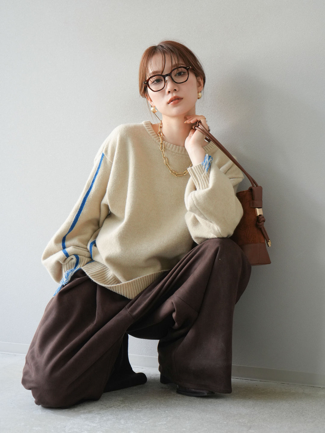 [SET]配色ステッチフリンジニットプルオーバー +スウェードタックワイドパンツ(2set)