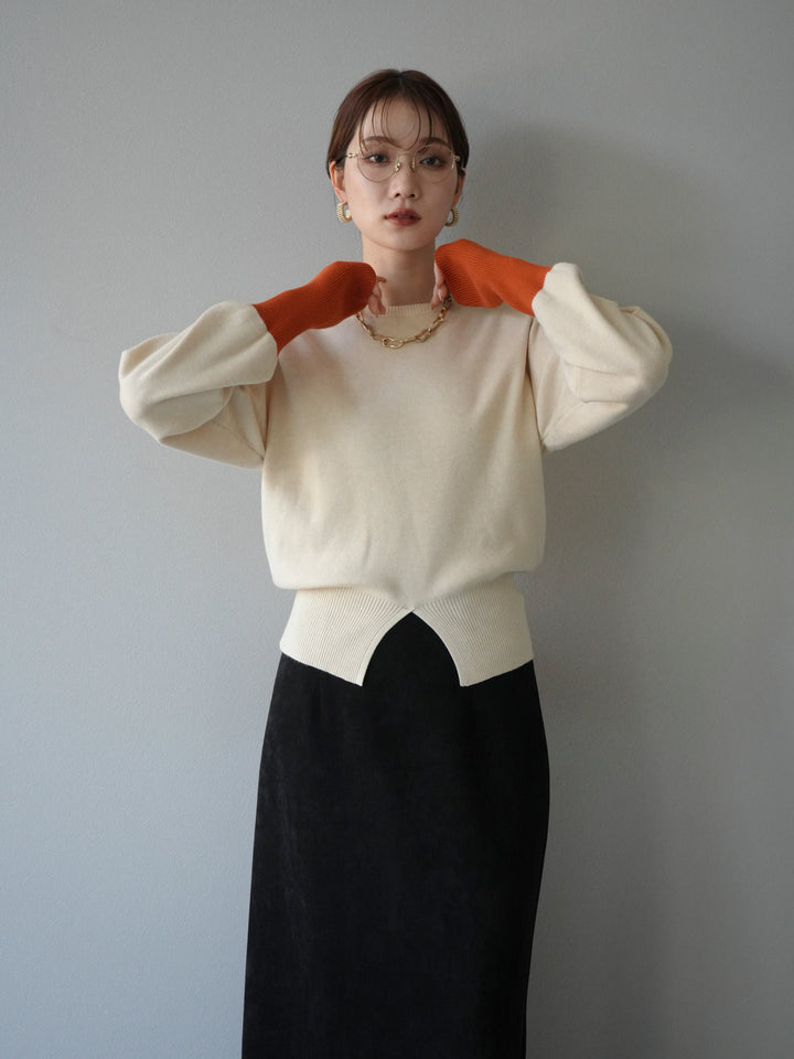 [予約]袖配色フロントスリットニットプルオーバー /アイボリー