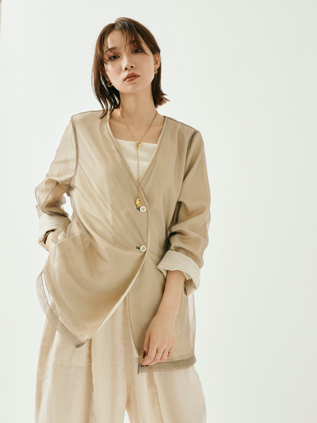 [予約]チュールレイヤードVジャケット/アイボリー