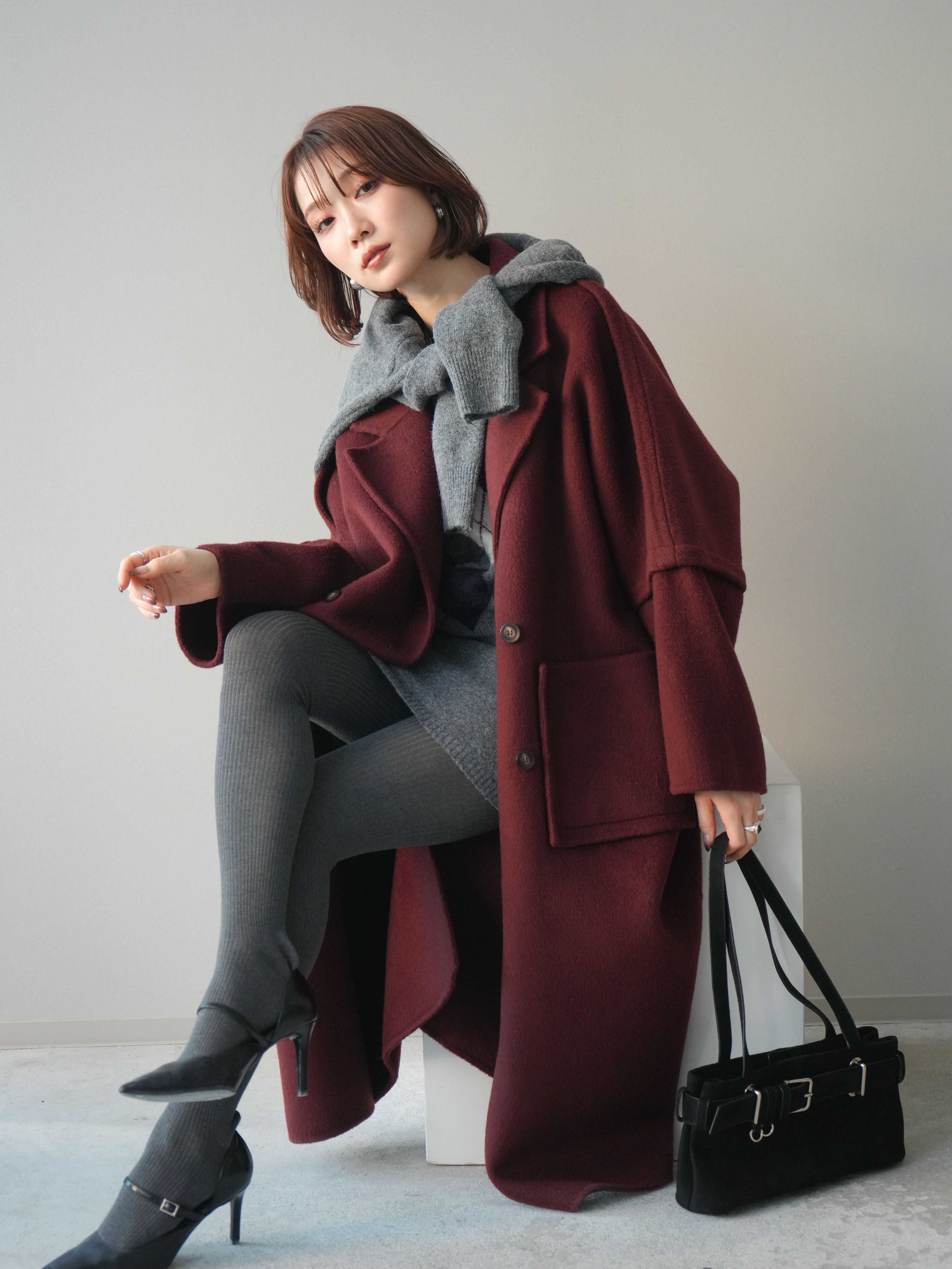 カシミヤ100% ロングコート ダブルブレスト 日本製 イタリア生地 ボルドー 予約]カシミヤ100%ダブルブレストロングコート/red – Lumier