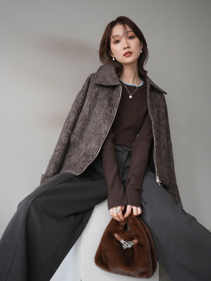 [予約]袖ビックループシャギージップブルゾン/brown