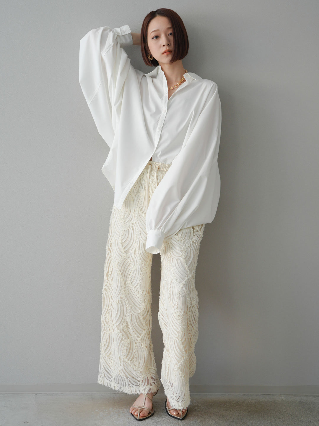 【預購】透視提花寬褲/象牙白