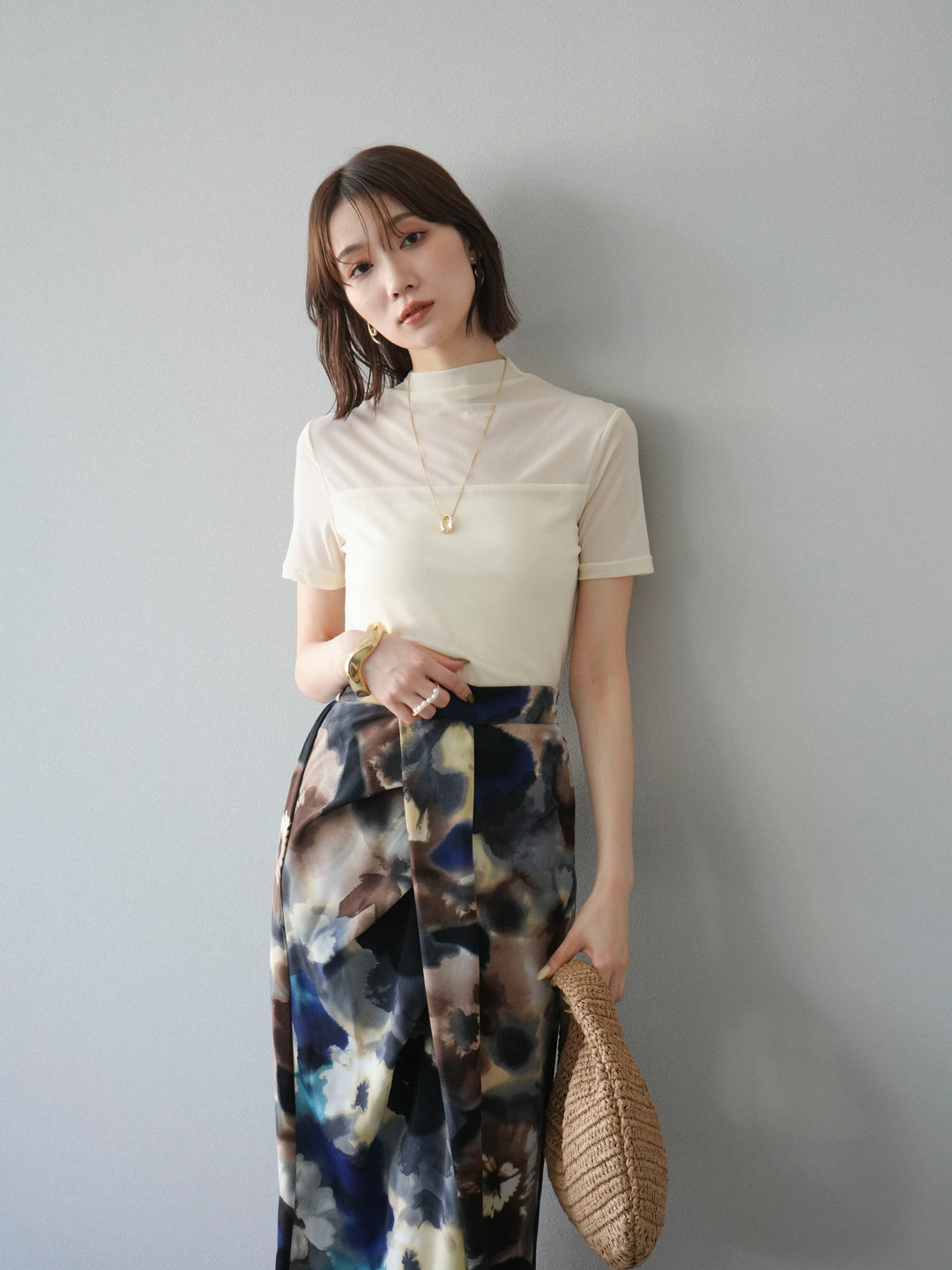[SET] 透視半袖上衣 + 水彩印花褶襉I字裙 (2set)