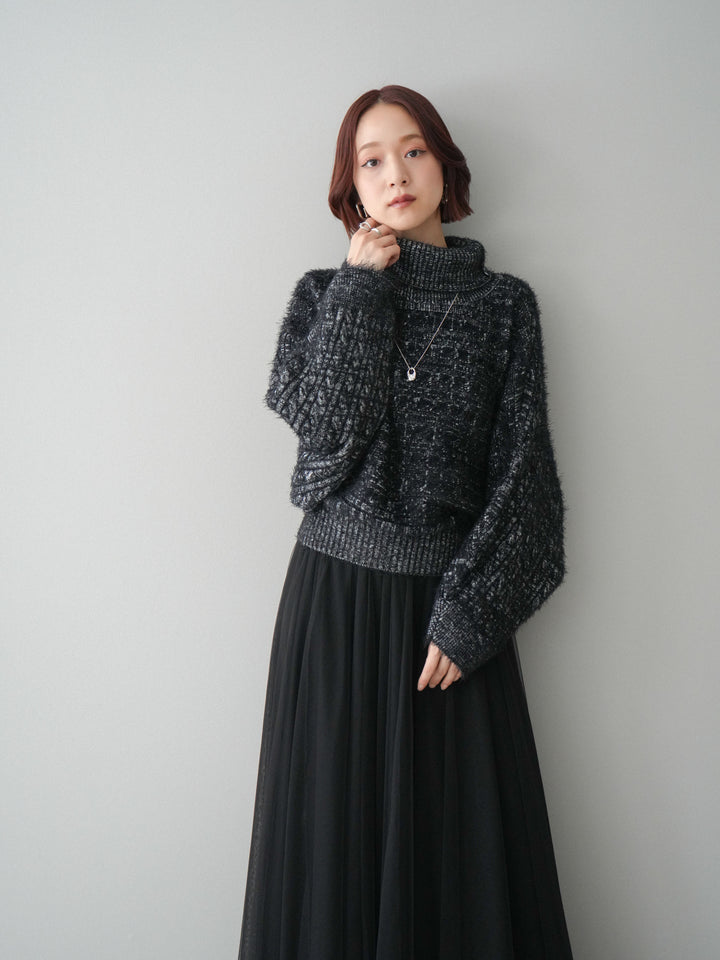 [予約]オフタートルケーブル編みニットプルオーバー/black