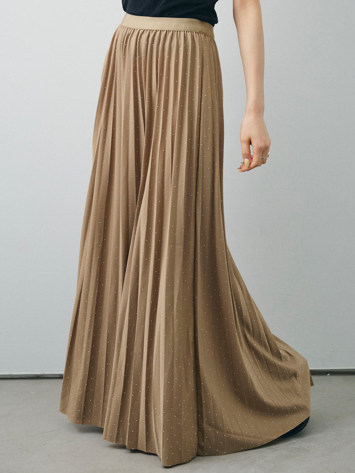 [予約]ラインストーンプリーツスカート/ベージュ