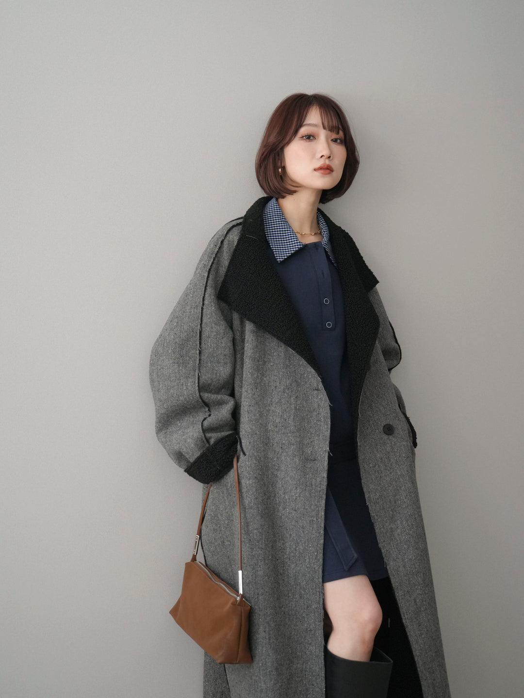 [SET]チェック襟xスエットミニワンピース+アウトシーム裏ボアコート(2set)