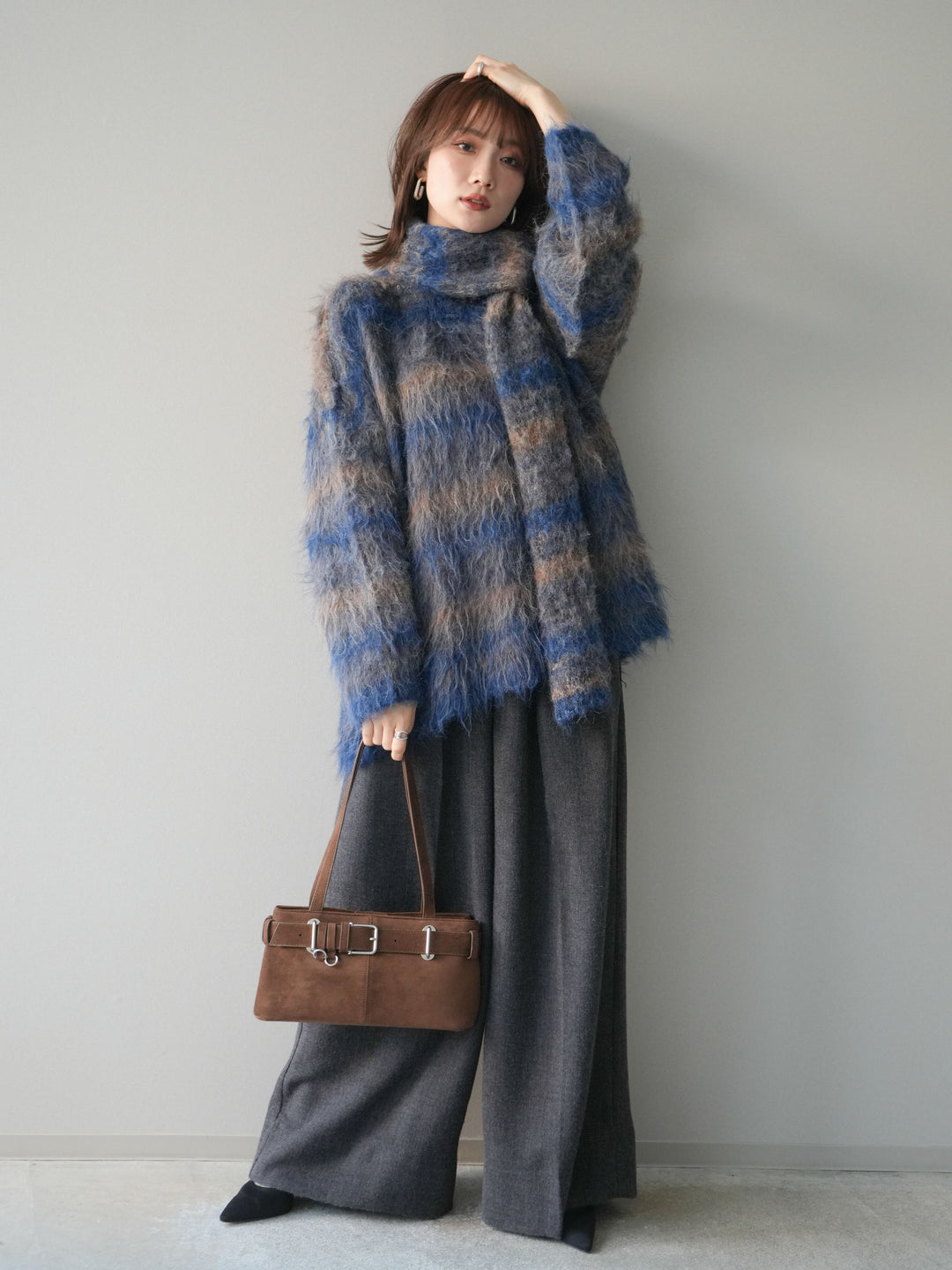 [予約]ウールタッチベルト付ワイドパンツ/charcoal