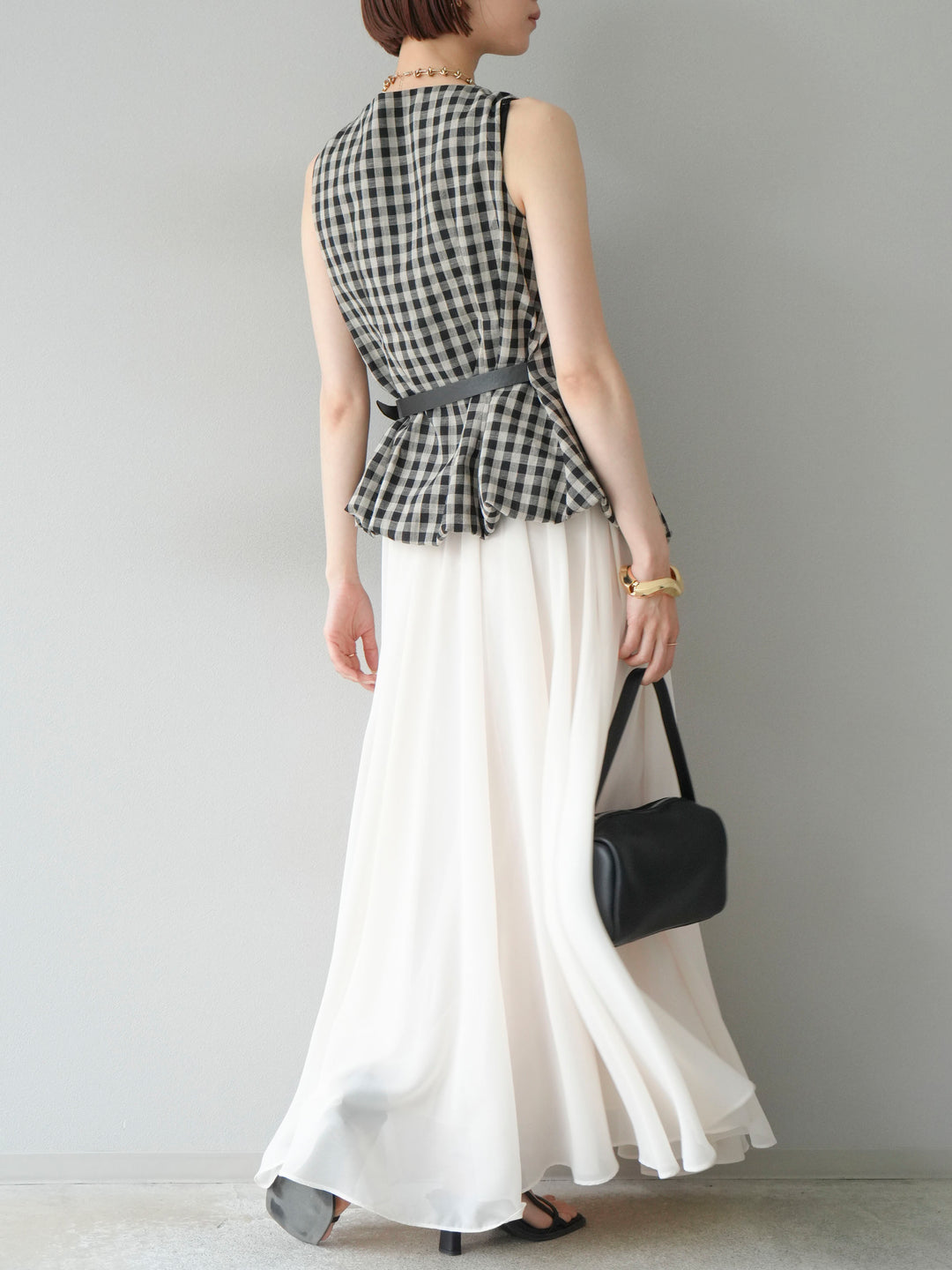 [SET]ベルトデザインバルーンブラウス+シフォンフレアスカート(2set)