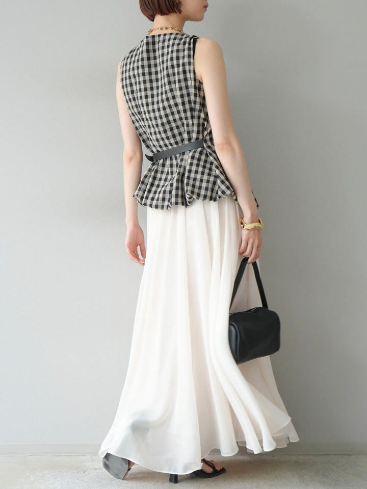 [SET]ベルトデザインバルーンブラウス+シフォンフレアスカート(2set)