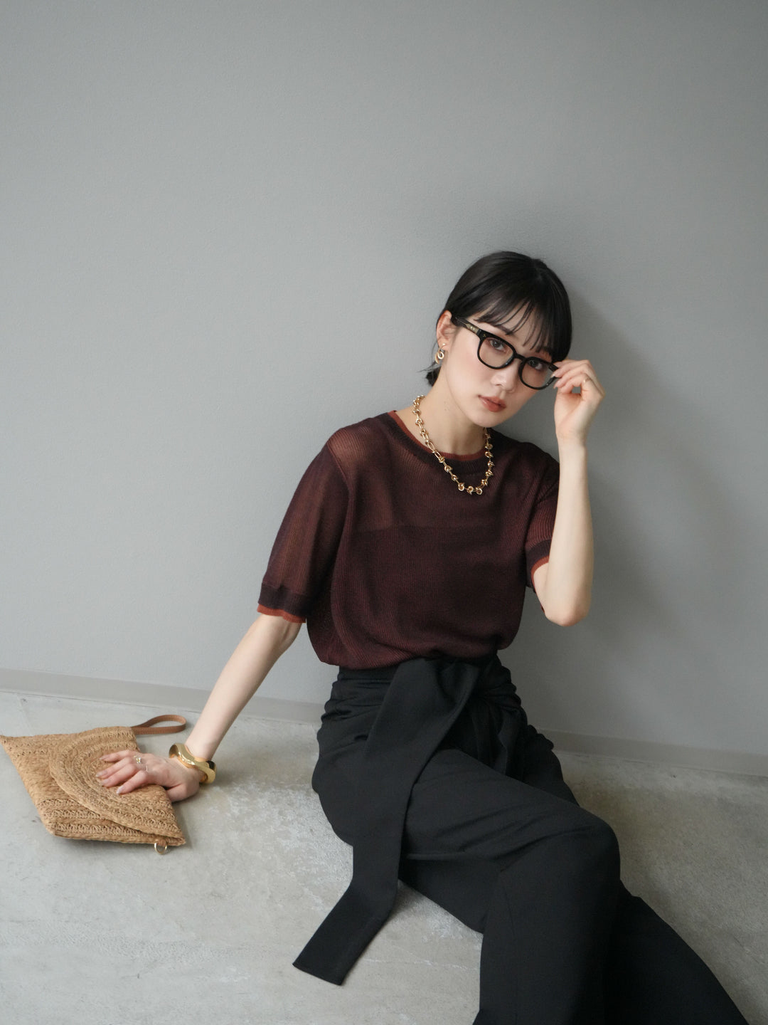 [SET]リネンタッチ配色二重臼ハーフニットトップス+ウエスト巻きデザインワイドパンツ(2set)