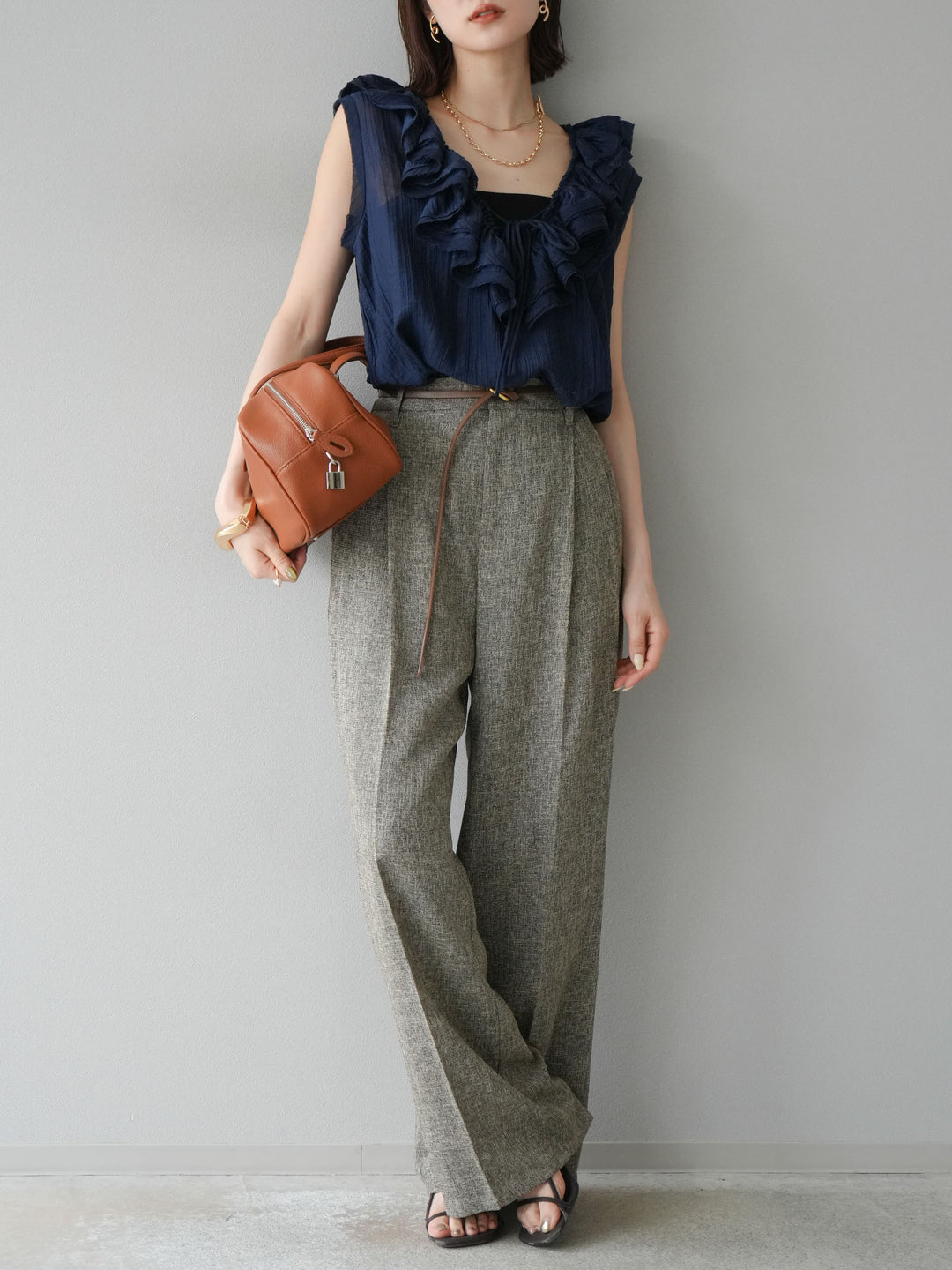 [予約]ミックスツイードタックパンツ/ブラウン