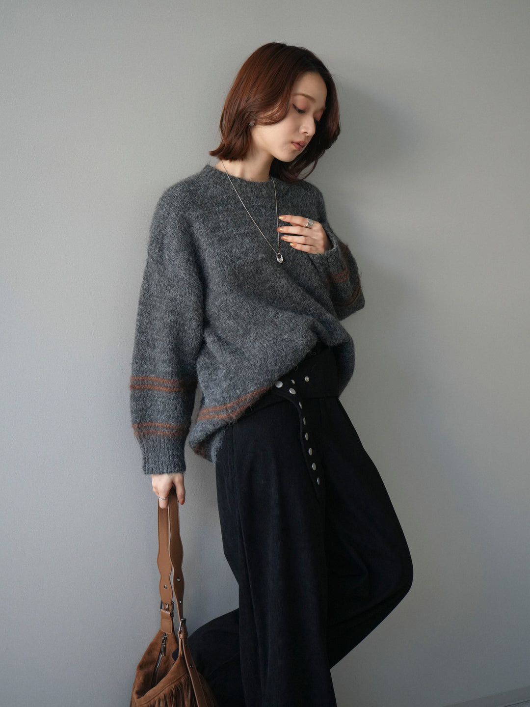 [予約]クルーネックラインボーダーニットプルオーバー/gray