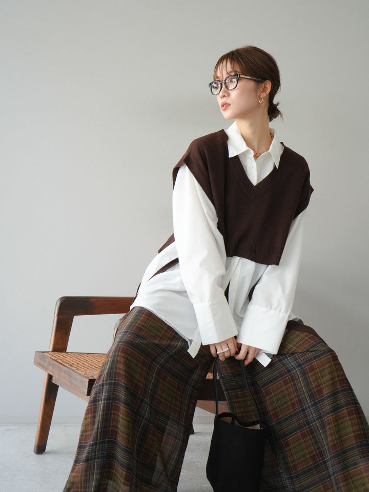 [予約]サイドリボンVネックショートニットベスト/ブラウン