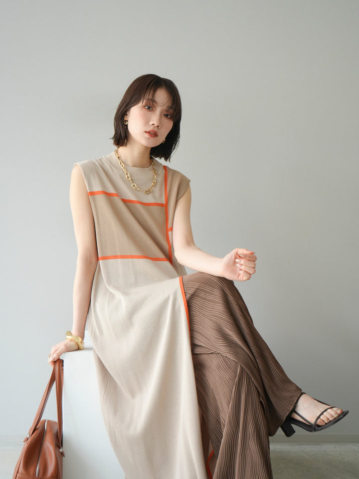 [SET] 配色開衩針織洋裝 + 波浪滾邊休閒褲 (2件套)