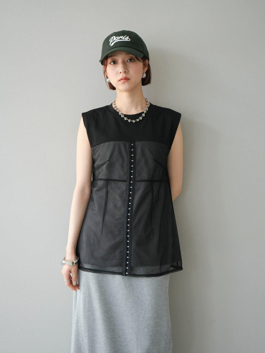 [預購] 薄紗對接鉤設計剪裁套頭衫/黑色