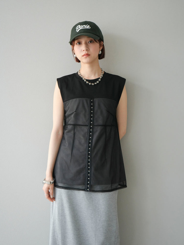 [預購] 薄紗對接鉤設計剪裁套頭衫/黑色