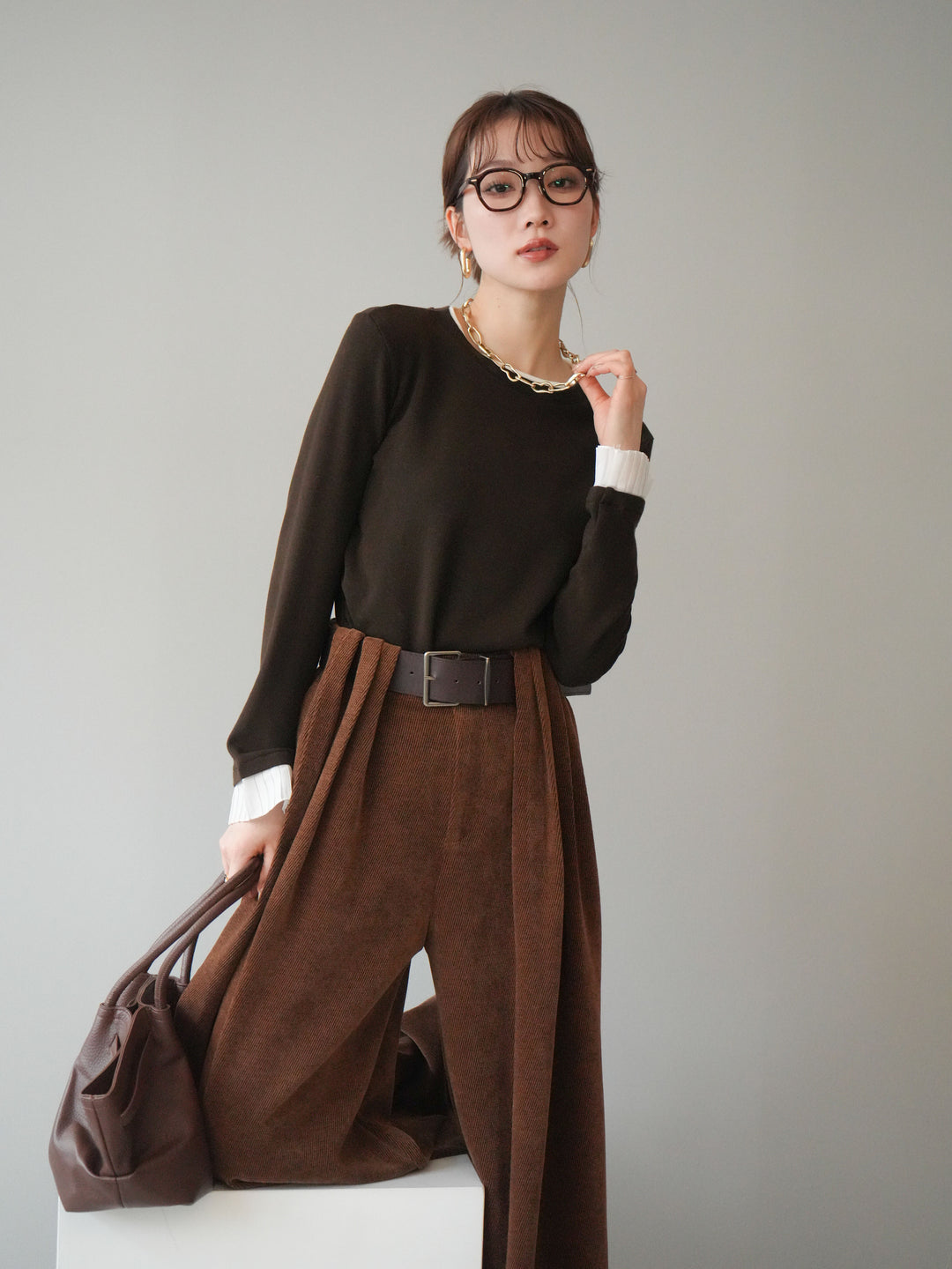 [予約]袖プリーツ配色レイヤードトップス/brown
