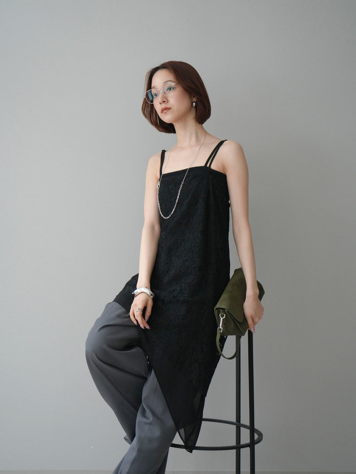 [予約]シフォンレイヤードアシンメトリーレースキャミソール/black