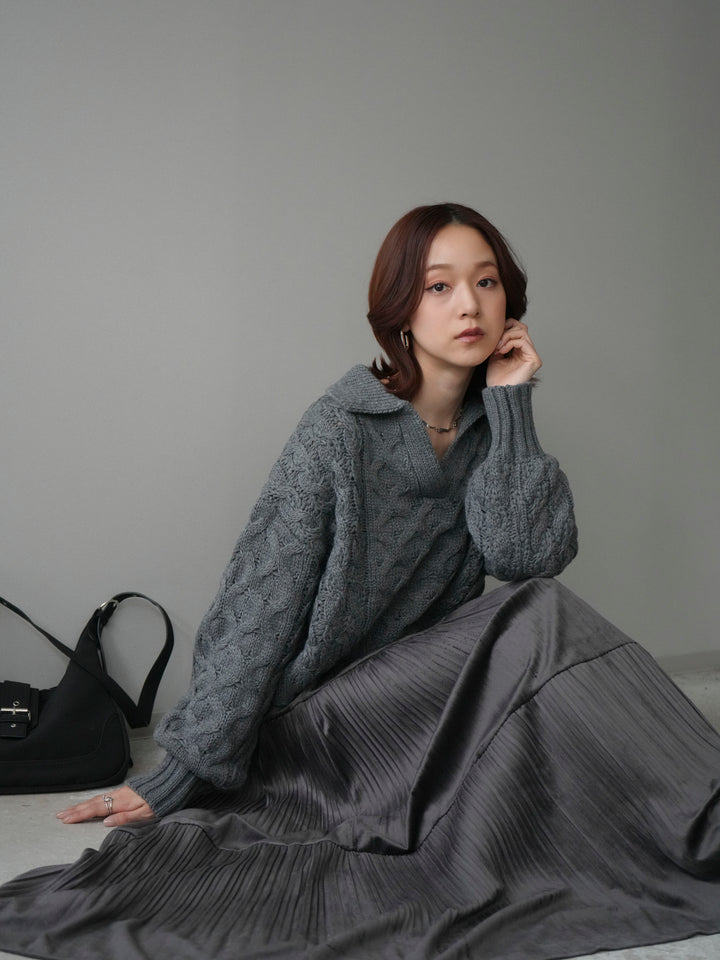 [SET]バルキーケーブルクロップド開襟プルオーバー+ベロアティアードワッシャースカート(2set)