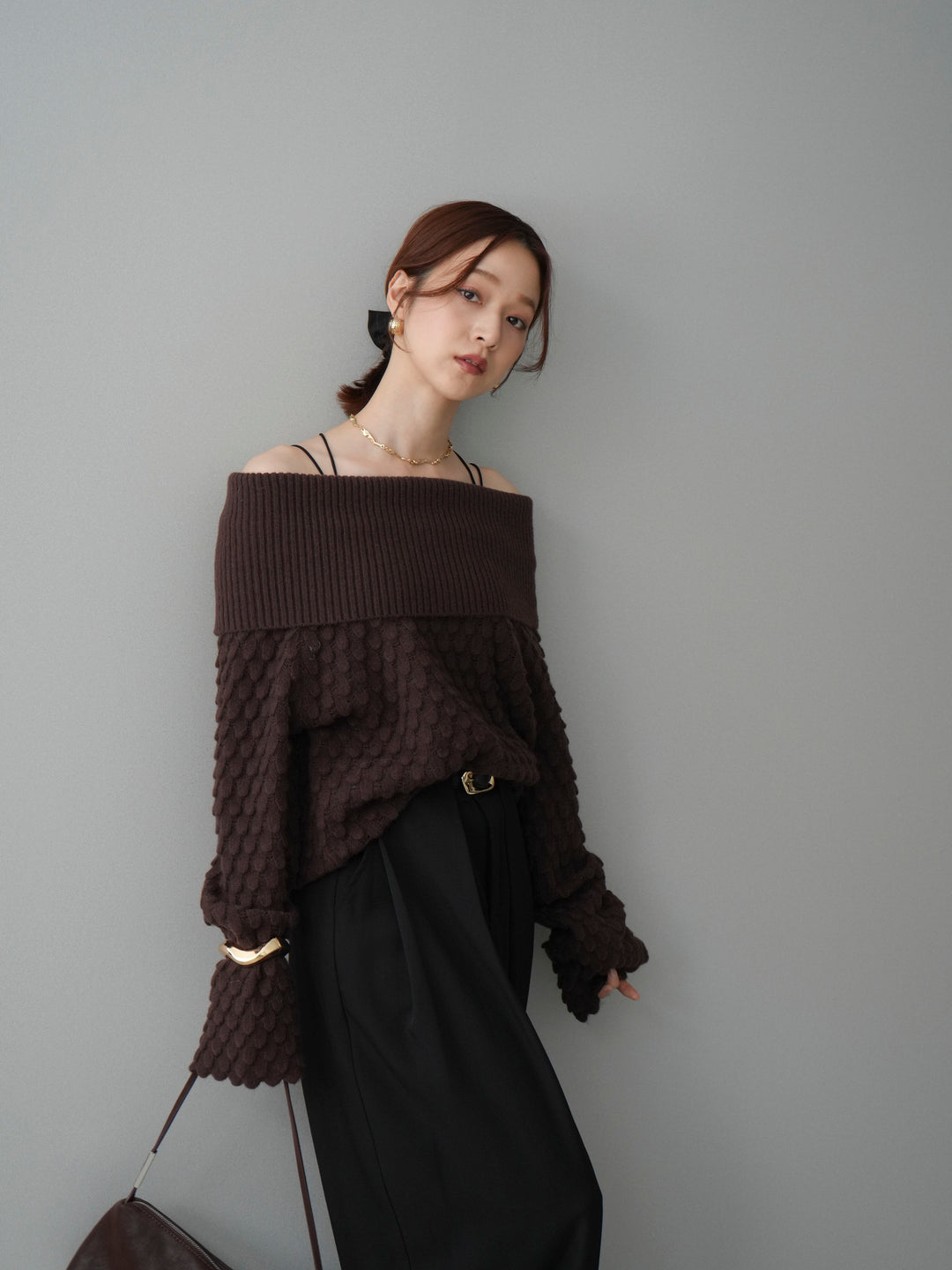 [SET]ポコポコ編みオフショルニットプルオーバー+ベルトループデザインワイドパンツ(2set)