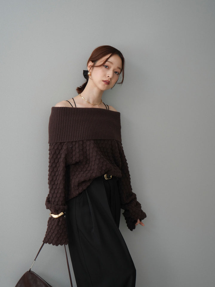 [SET]ポコポコ編みオフショルニットプルオーバー+ベルトループデザインワイドパンツ(2set)