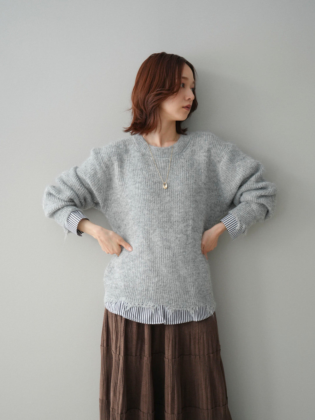 [SET]裾シャツレイヤードダメージニットプルオーバー+裾シャツレイヤードダメージニットプルオーバー(2set)