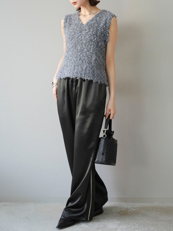 [予約]サテンラインワイドパンツ/ブラック