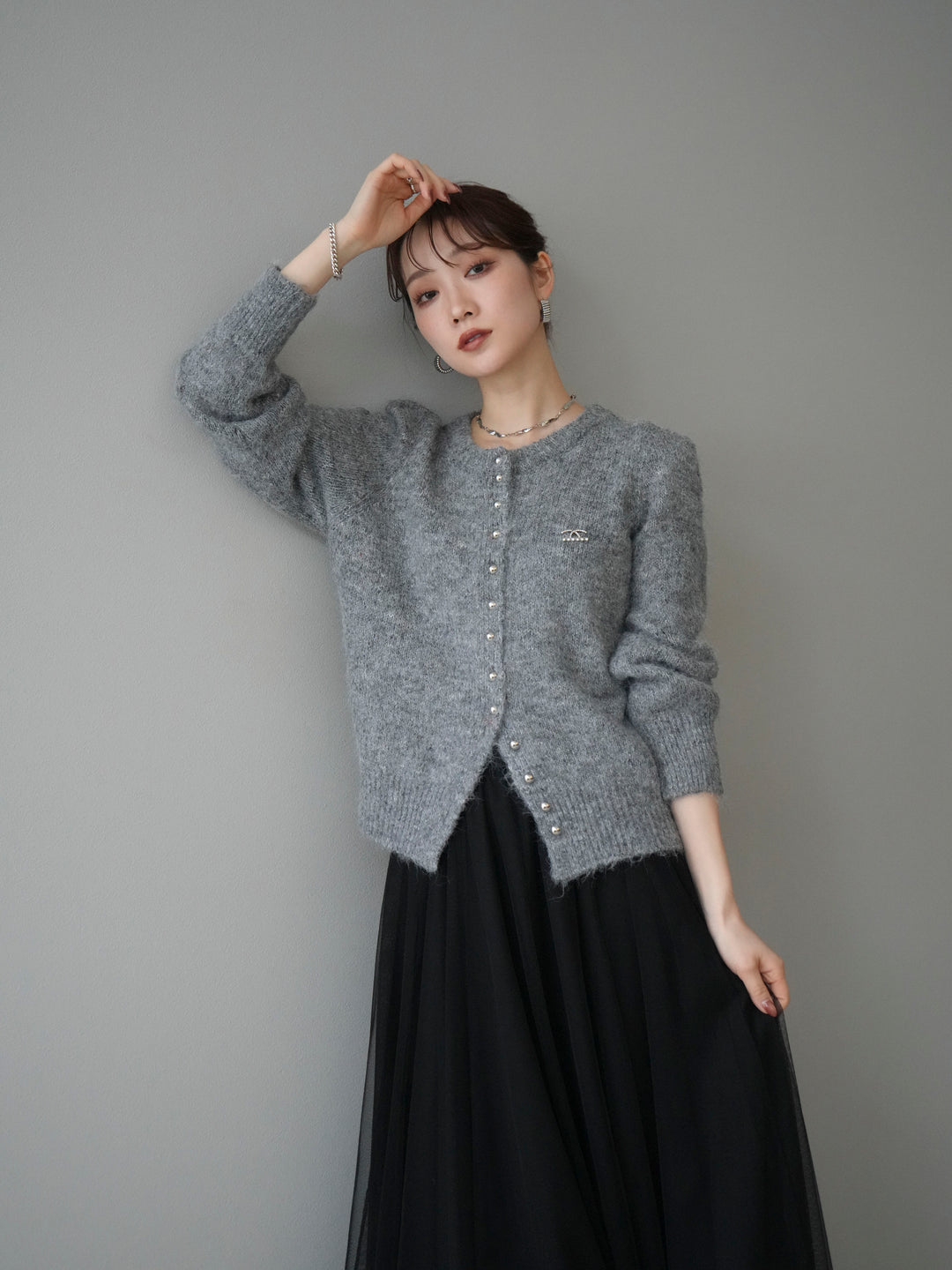 [SET]ブローチ付silverボタンミックスニットカーディガン+選べるアクセセット(2set)