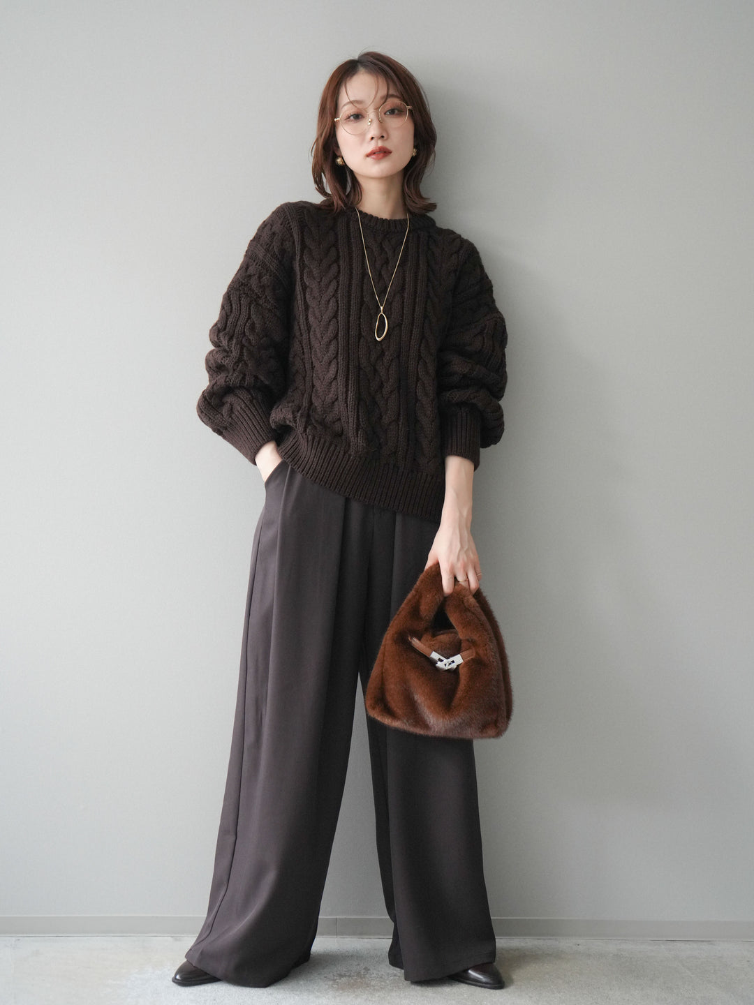 [SET]ボリュームケーブルニットプルオーバー+ベルトループデザインワイドパンツ(2set)