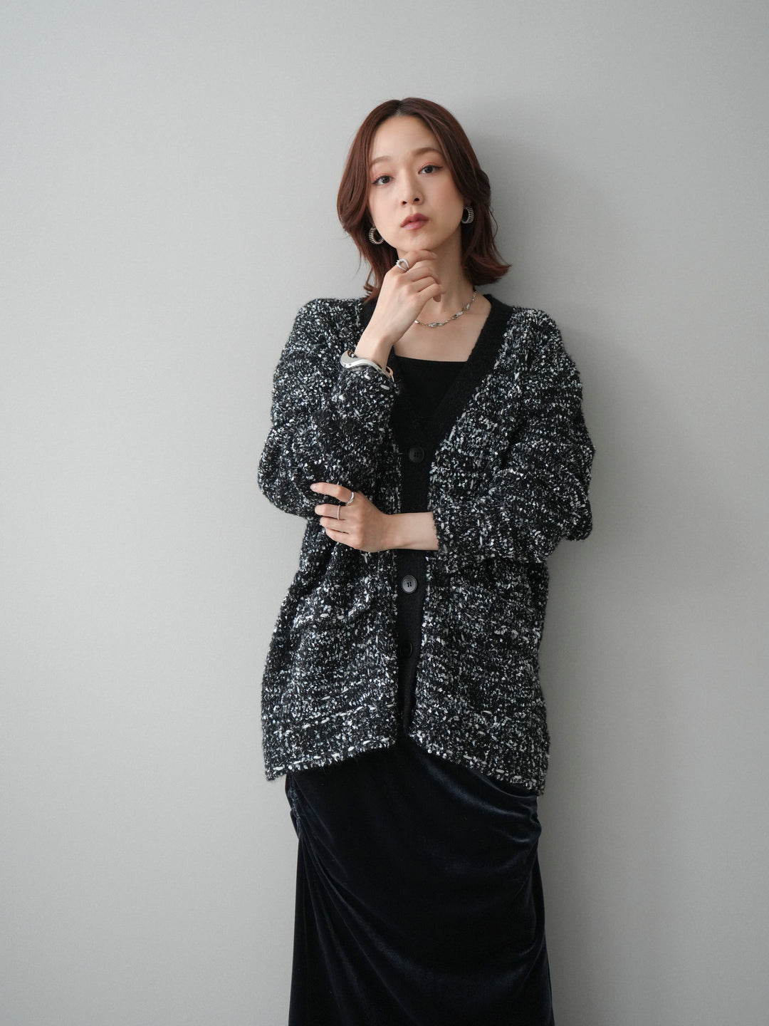 [SET]モールネップニットカーディガン+ギャザーベロアスカート(2set)