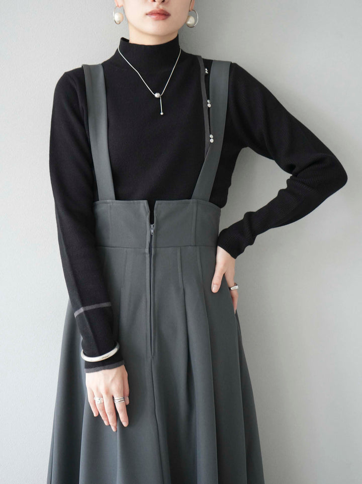 [予約]ボトルネック配色デザインボタンニットトップス/ブラック