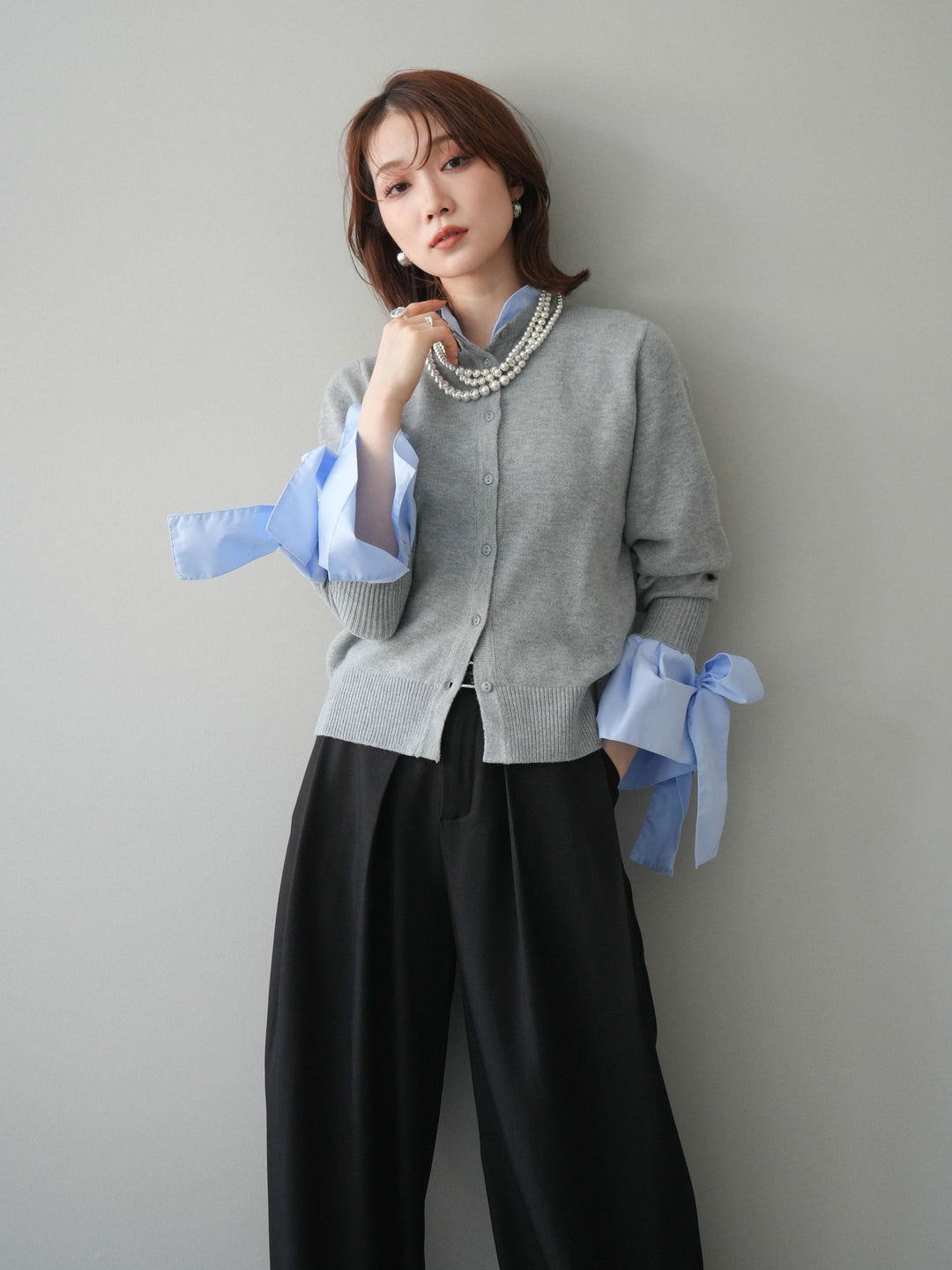[予約]ウールライクリボンシャツカーディガン/gray