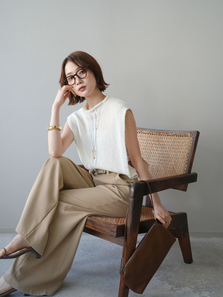 【套裝】開襟針織上衣+銀色搭扣垂褶闊腿褲（兩件套）