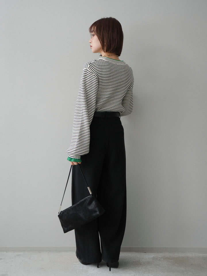 [SET]ラメ異素材ボーダーリブニットプルオーバー+ベルト付起毛コクーンパンツ(2set)