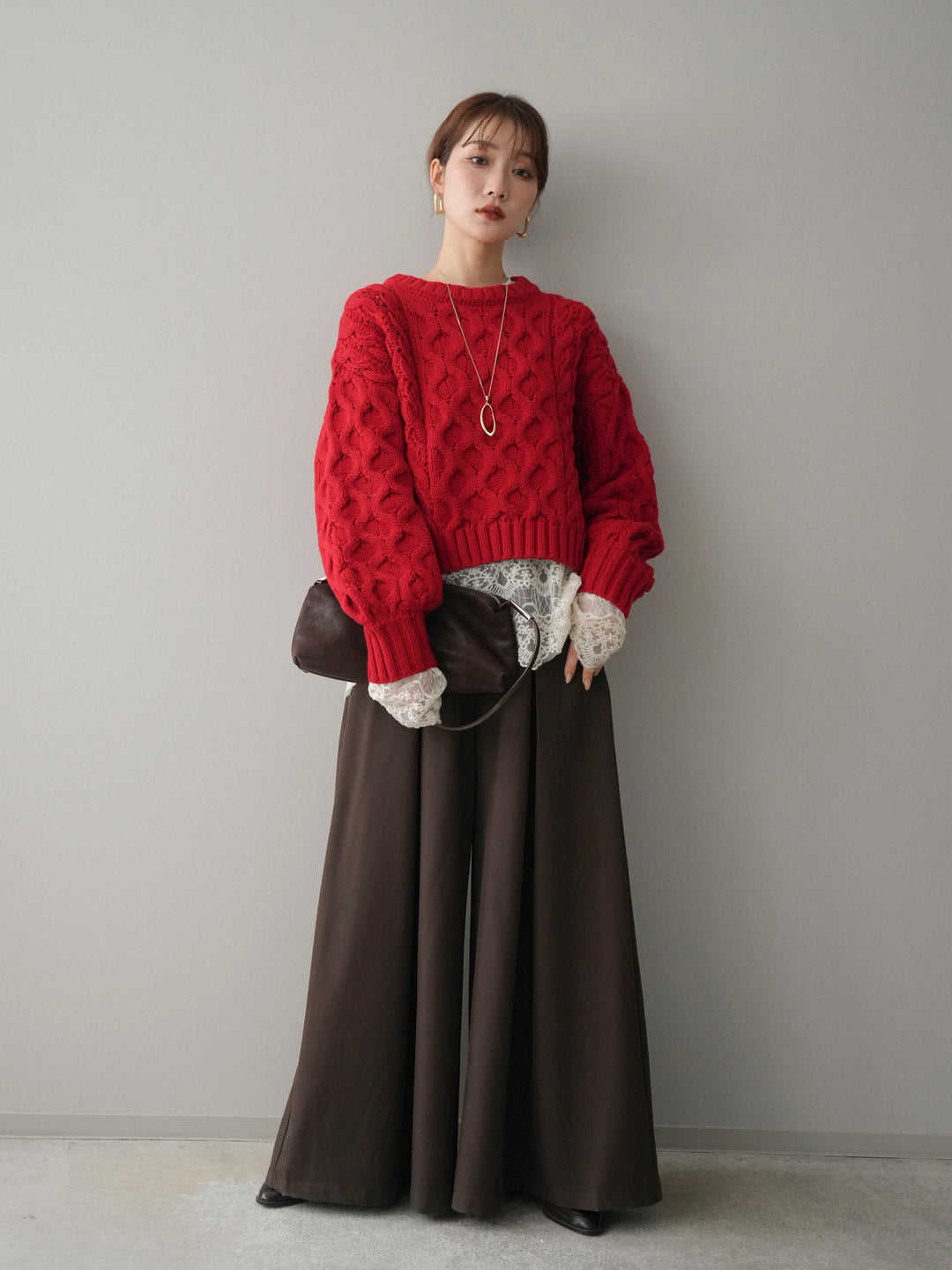 [SET]バルキーケーブルクロップドニットプルオーバー+テープベルトタックバギーパンツ(2set)