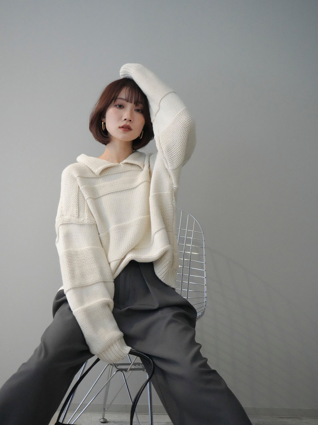 [SET]襟付きボーダー編みニットプルオーバー+ベルトループデザインワイドパンツ(2set)