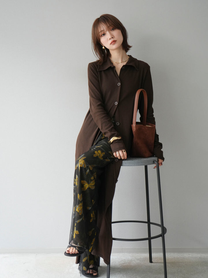 [SET]襟付きカットリブボタンワンピース+フラワープリントチュールレイヤードパンツ(2set)