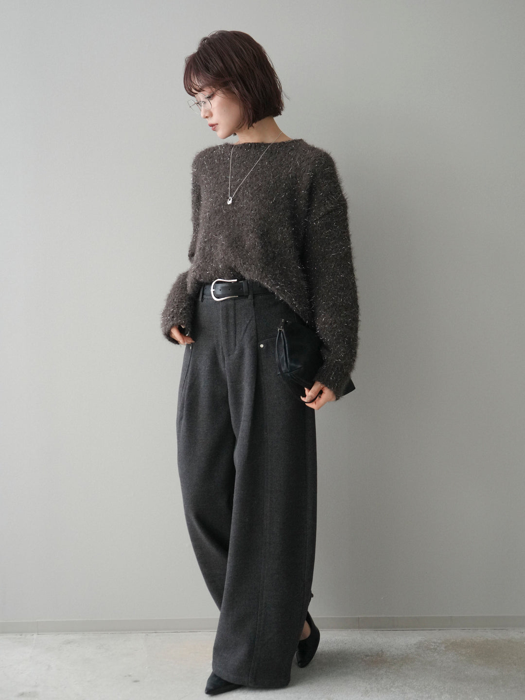 [SET]モールラメミックスヤーンニットプルオーバー+ベルト付起毛コクーンパンツ(2set)