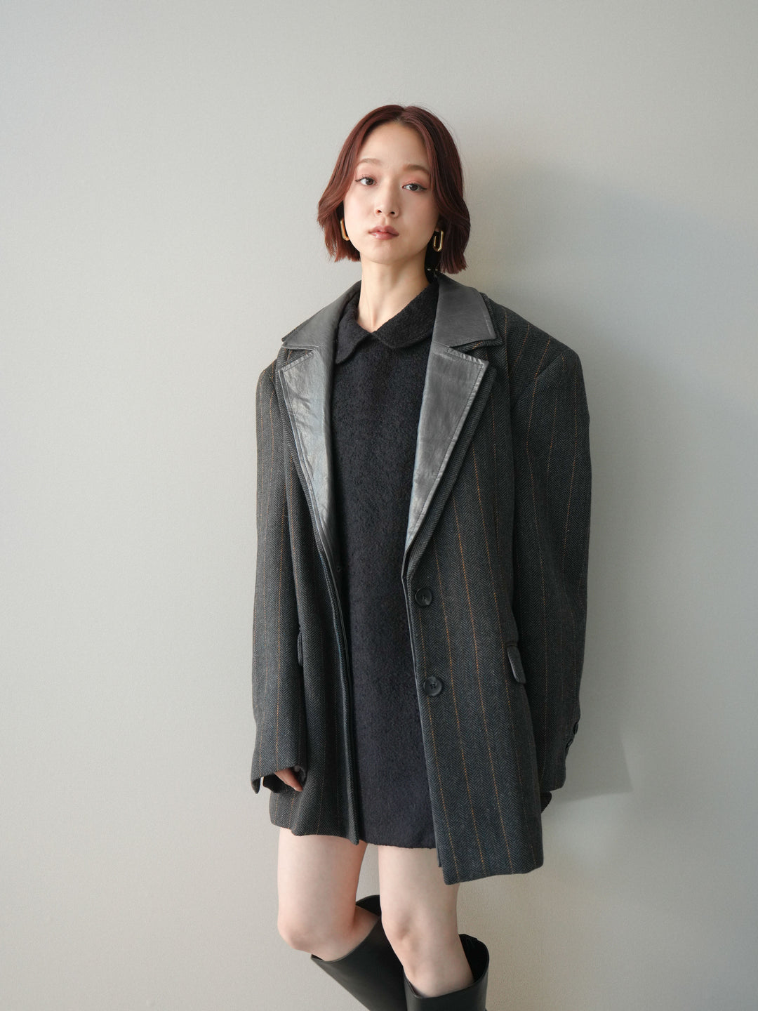 [SET]襟付きブークレミニワンピース+レイヤードデザインツイードテーラードジャケット(2set)