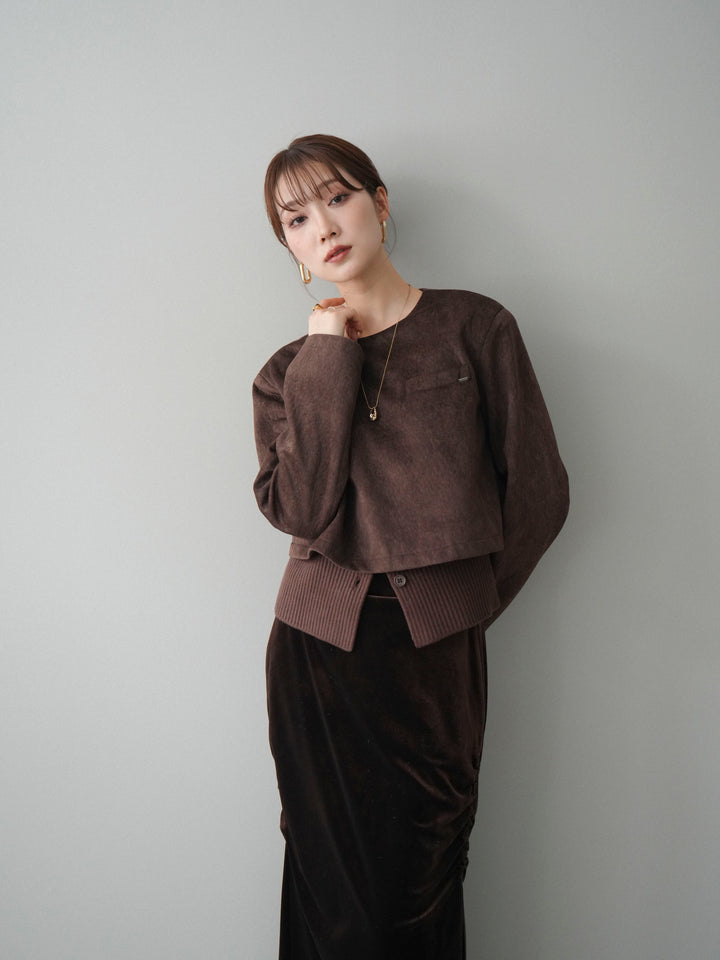 [予約]リブニットレイヤードスエードプルオーバー/brown