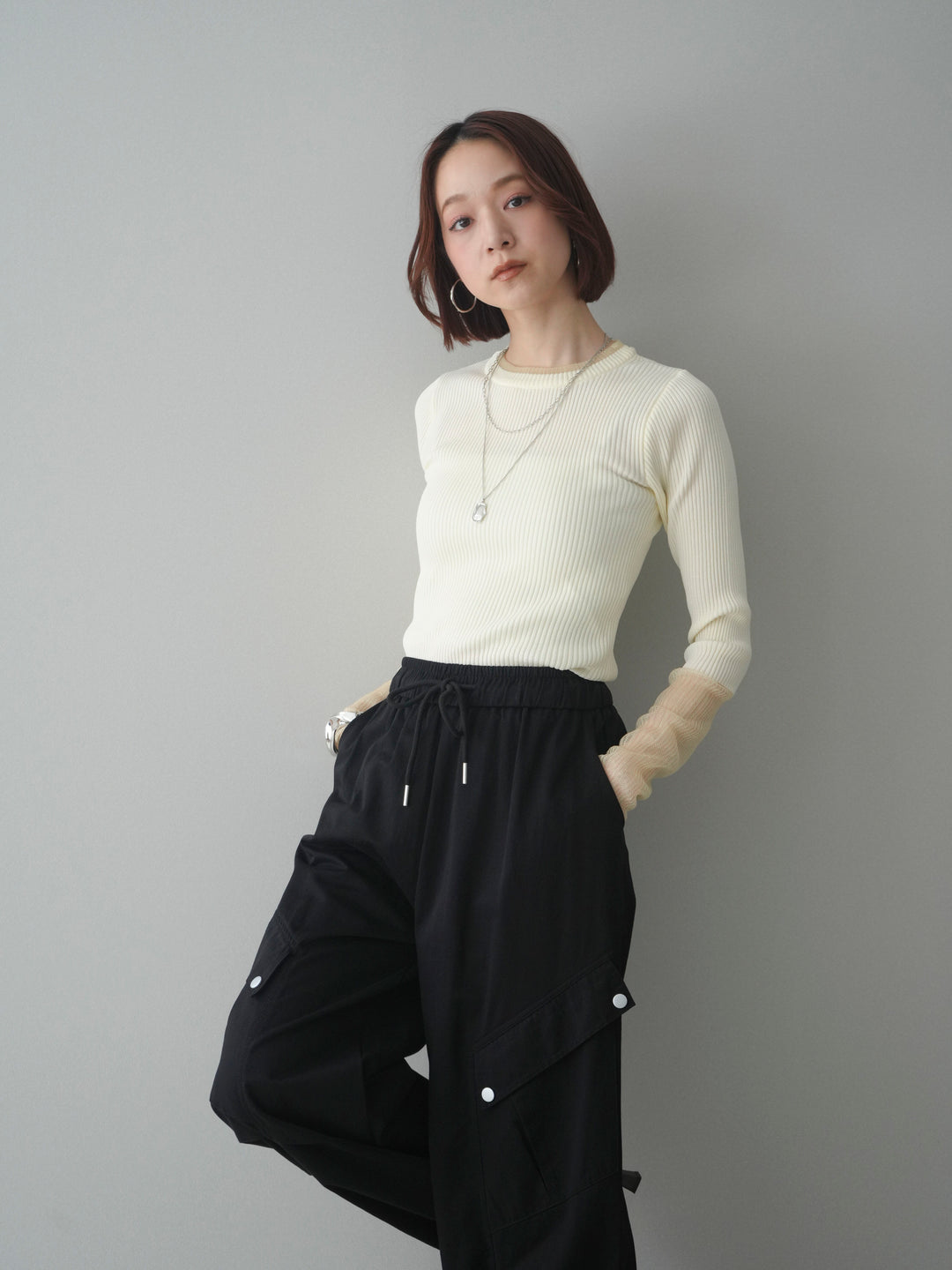 [SET]リブラメシアー切替リブニットトップス+リブラメシアー切替リブニットトップス(2set)